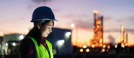 Person in safety gear looking down in an outside setting.