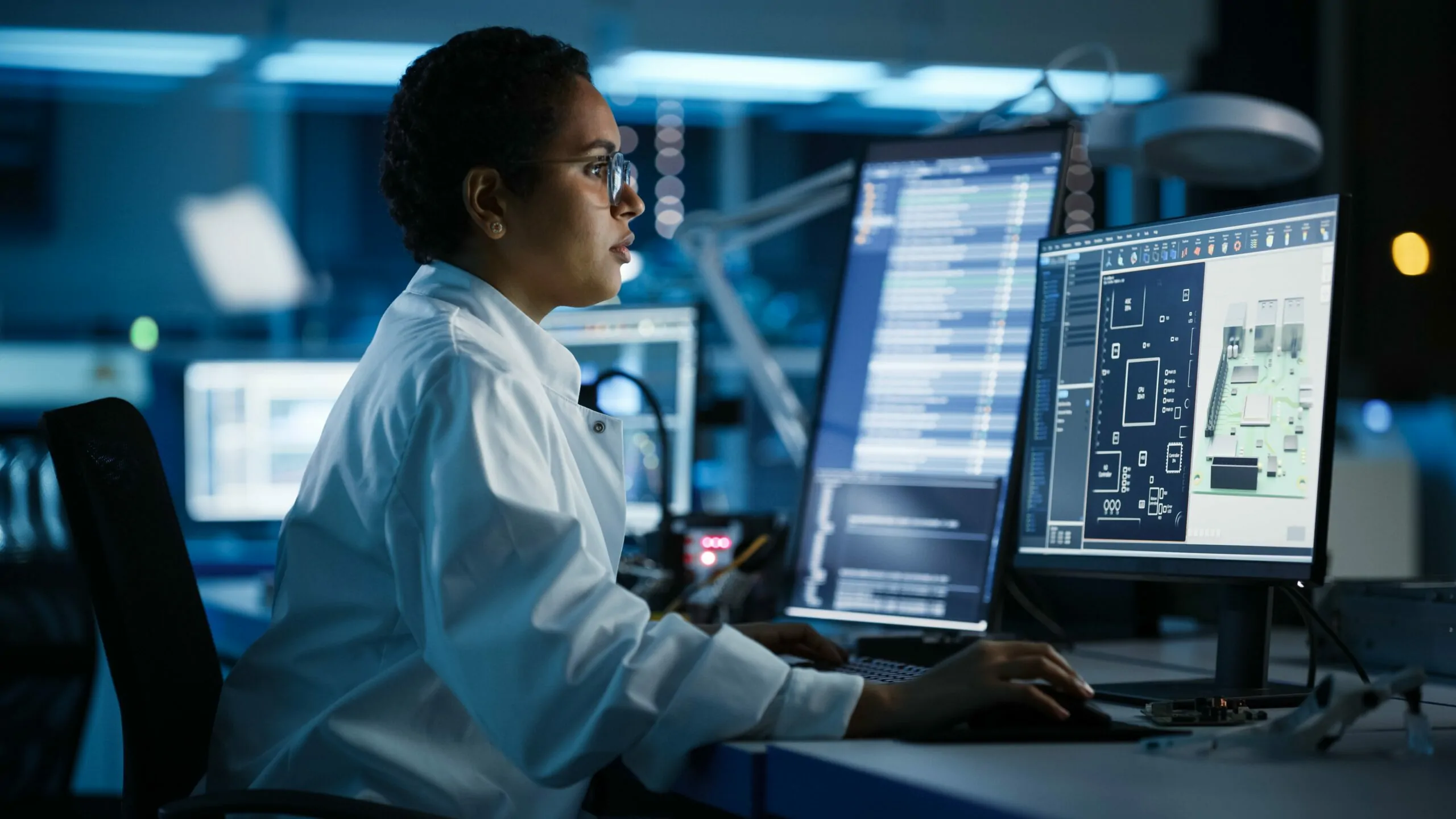 Woman at her desk viewing a computer monitor, working on AP profit recovery services